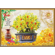 Tranh chậu bonsai in 5d mai vàng bên hoa kim tiền treo tường