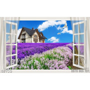 Tranh cửa sổ hướng ra ngôi nhà trên vườn oải hương chất lượng cao