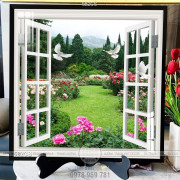 Tranh cửa sổ và vườn hồng nở rộ chất lượng cao