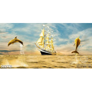 Tranh cá heo và thuyền bên biển vàng đẹp nghệ thuật 