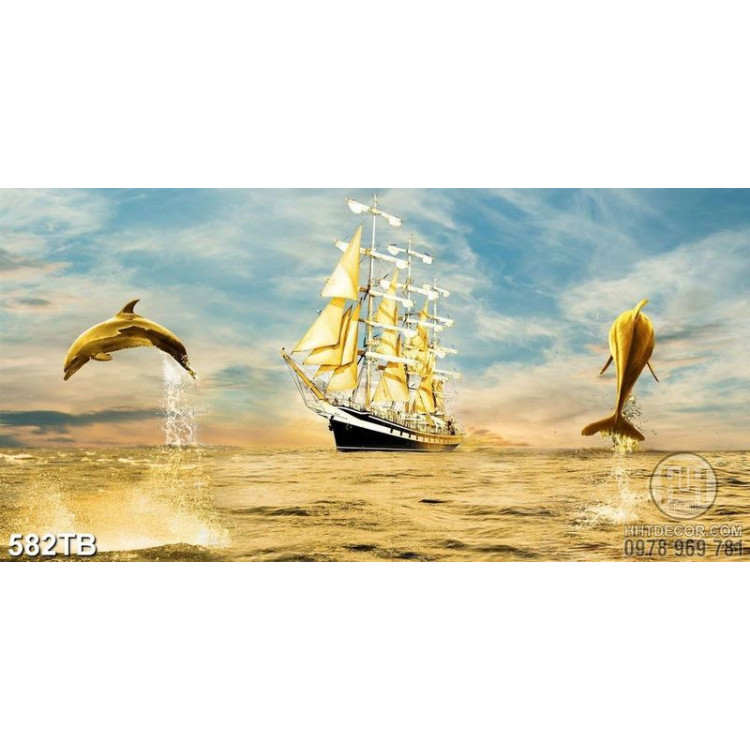 Tranh cá heo và thuyền bên biển vàng đẹp nghệ thuật 