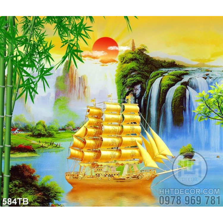 Tranh decor tường thuyền vàng bên thác nước đẹp nhất 