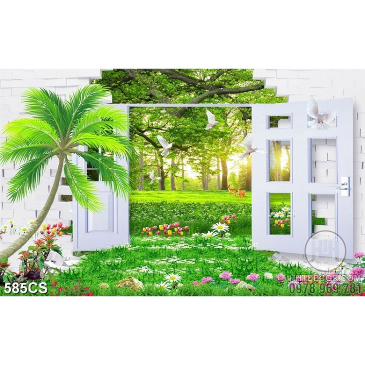 Tranh 3D khung cửa và cánh đồng cỏ xanh đẹp nhất 