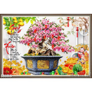 Tranh chậu bonsai wall 3d hoa đào bên dưa hấu đỏ đón xuân