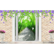 Tranh 3D trang trí tường cánh cổng hoa và hàng cây xanh thẳng lối đi  