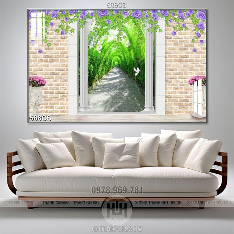 Tranh 3D trang trí tường cánh cổng hoa và hàng cây xanh thẳng lối đi  