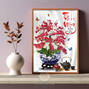Tranh chậu bonsai hoa phong lan khoe sắc bên đàn bướm in 8d
