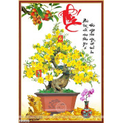 Tranh chậu bonsai phong thủy mai vàng bên cành sung sai quả