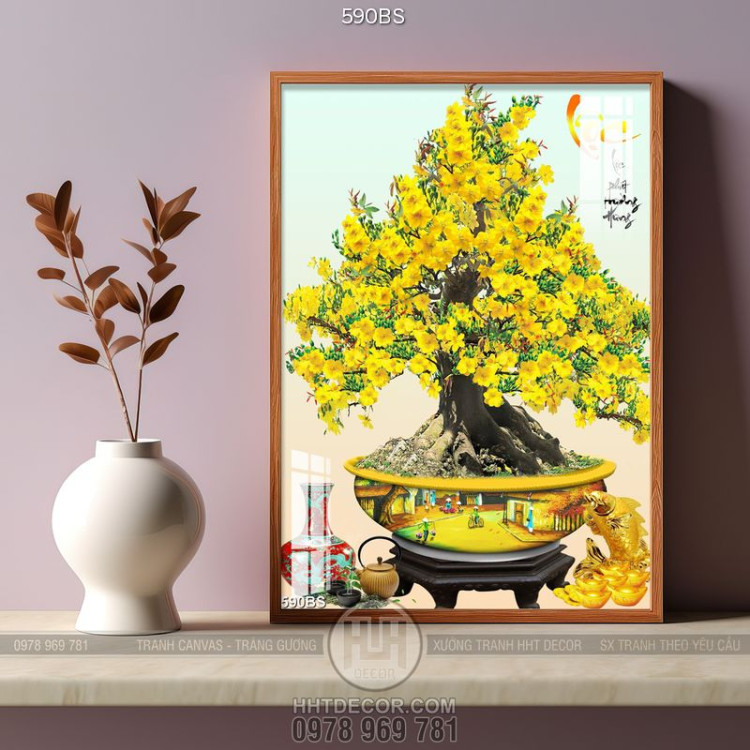 Tranh chậu bonsai decor mai vàng bên cá chép đúc vàng rồng