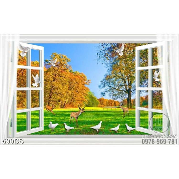 Tranh trang trí phòng khách phong cảnh mùa thu bên ô cửa sổ