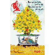 Tranh chậu bonsai hoa mai vàng khoe sắc bên chữ Phúc in lụa 
