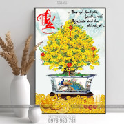 Tranh chậu bonsai hoa mai vàng khoe sắc bên chữ Phúc in lụa 
