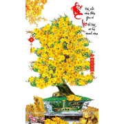 Tranh chậu bonsai in canvas mai vàng nở rộ bên cá chép vàng