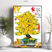 Tranh chậu bonsai in canvas mai vàng nở rộ bên cá chép vàng