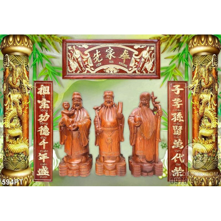 Tranh thờ Phúc Lộc Thọ điêu khắc gỗ trên nền đá giả ngọc 