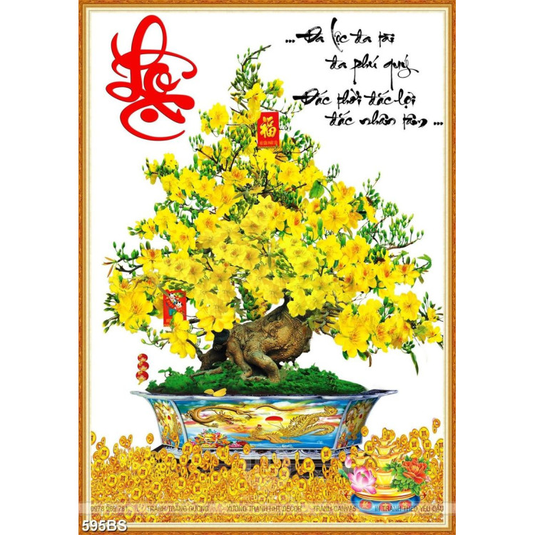 Tranh chậu bonsai nghệ thuật mai vàng bên hoa chữ Lộc thư pháp