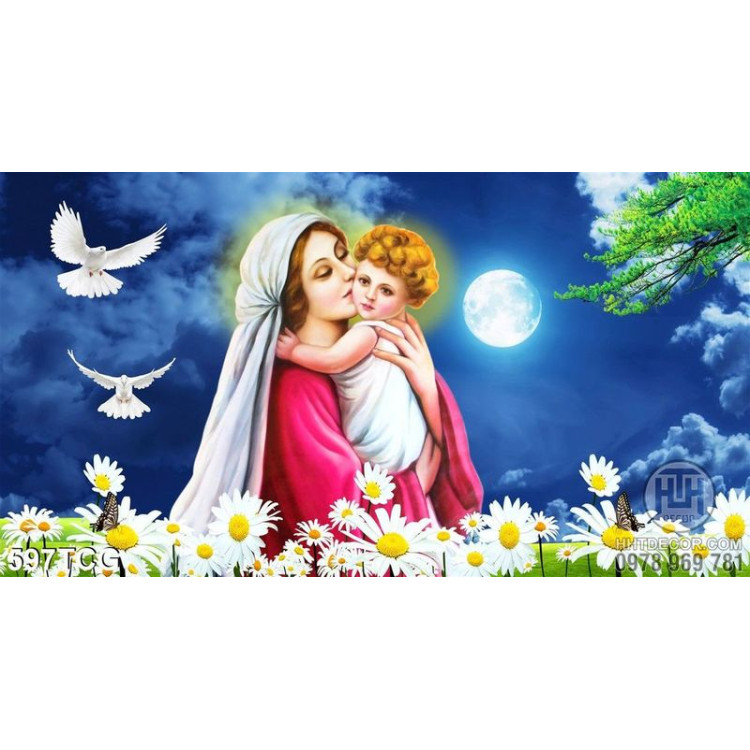 Tranh Mẹ maria và chúa hài nhi bên ánh trăng