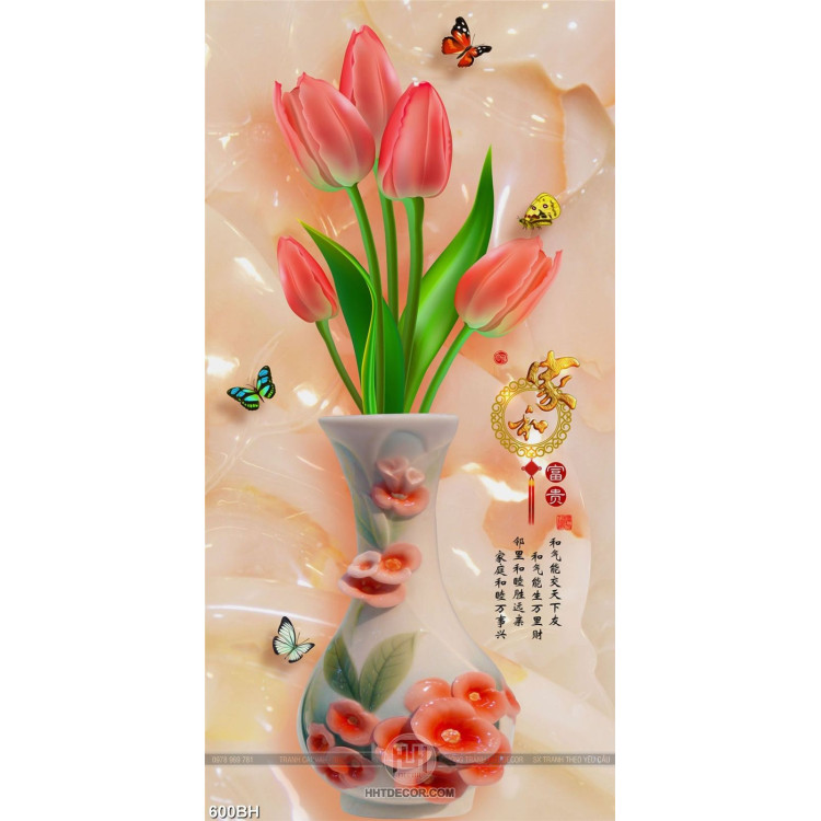 Tranh bình hoa nghệ thuật những bông hoa tulip màu hồng 