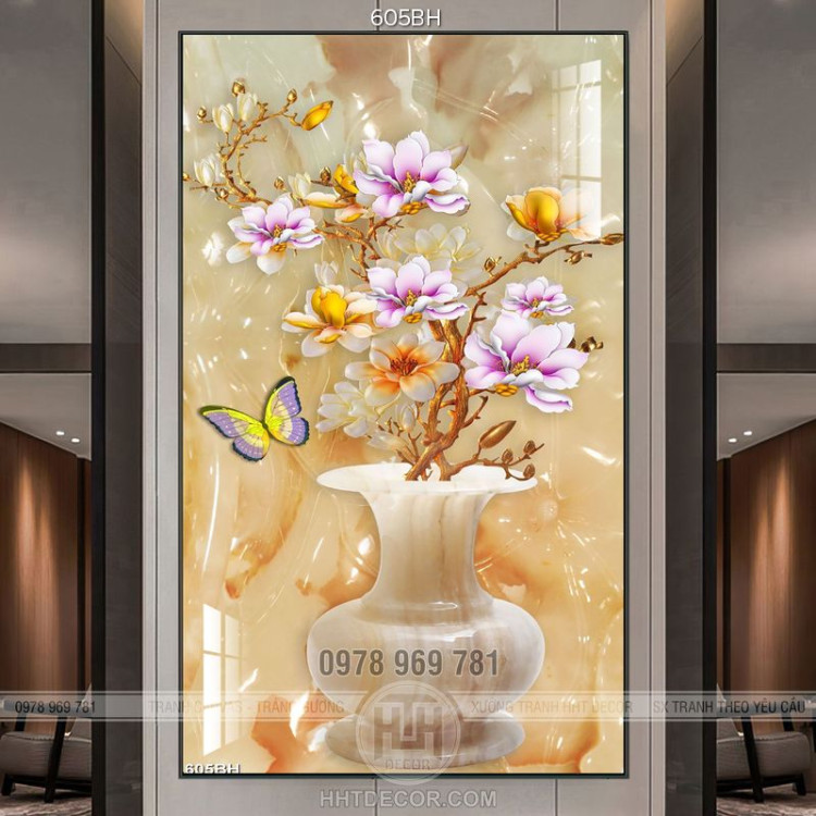 Tranh bình hoa 3d cành hoa mộc lan vàng trên tường giả ngọc