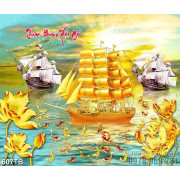 Tranh tài lộc gắn tường thuyền vàng bên đàn cá chép và hoa sen chất lượng cao