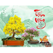 Tranh chậu bonsai in 5d mai vàng bên chữ Thịnh Vượng dán tường