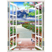 Tranh dán tường cửa sổ nhìn ra vườn hoa dưới chân núi 