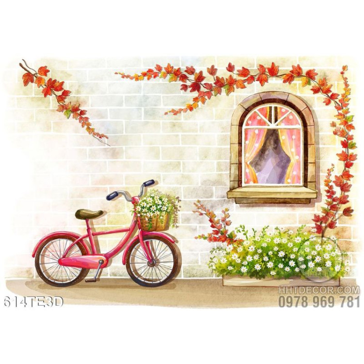 Tranh xe đạp hồng chở hoa 