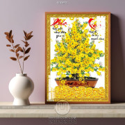 Tranh chậu bonsai phong thủy mai vàng phúc lộc dán tường 