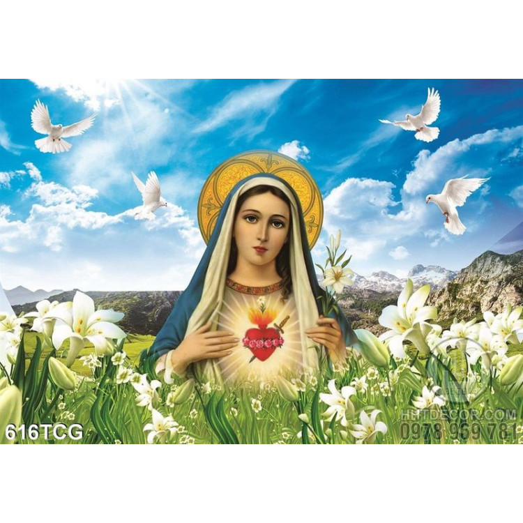 Tranh công giáo Mẹ Maria thương xót và bầu trời