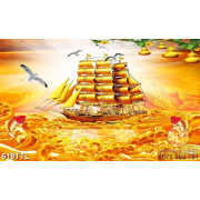 Tranh in treo tết tàu căng buồm trên biển đúc vàng