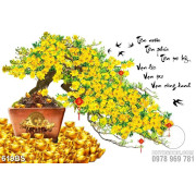 Tranh chậu bonsai in lụa mai vàng bên núi kim tiền treo tường