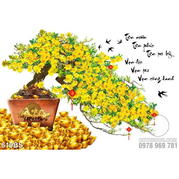Tranh chậu bonsai in lụa mai vàng bên núi kim tiền treo tường