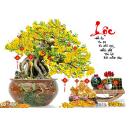 Tranh chậu bonsai psd mai vàng bên tượng Phật Di Lặc khắc gỗ 