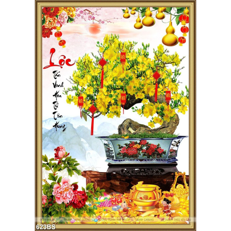 Tranh chậu bonsai in nghệ thuật mai vàng bên hoa mẫu đơn