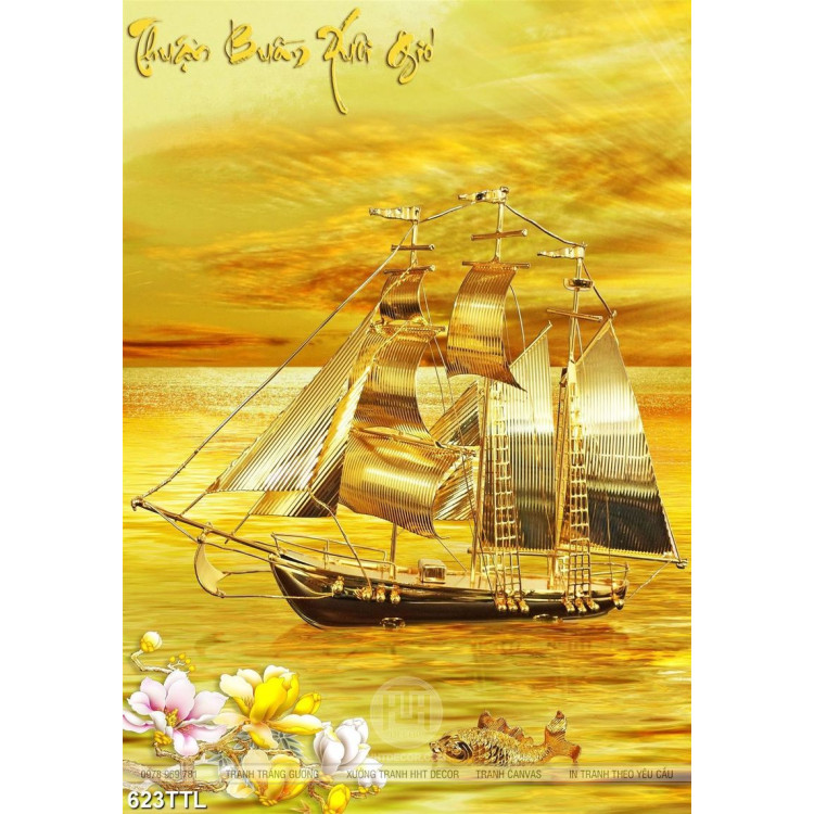 Tranh nghệ thuật con tàu căng buồm giữa biển vàng