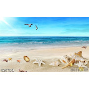 Tranh vỏ sò trên bãi cát và biển file psd