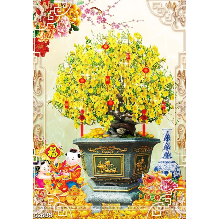 Tranh chậu bonsai in 3d mai vàng bên tiểu linh đồng treo tường