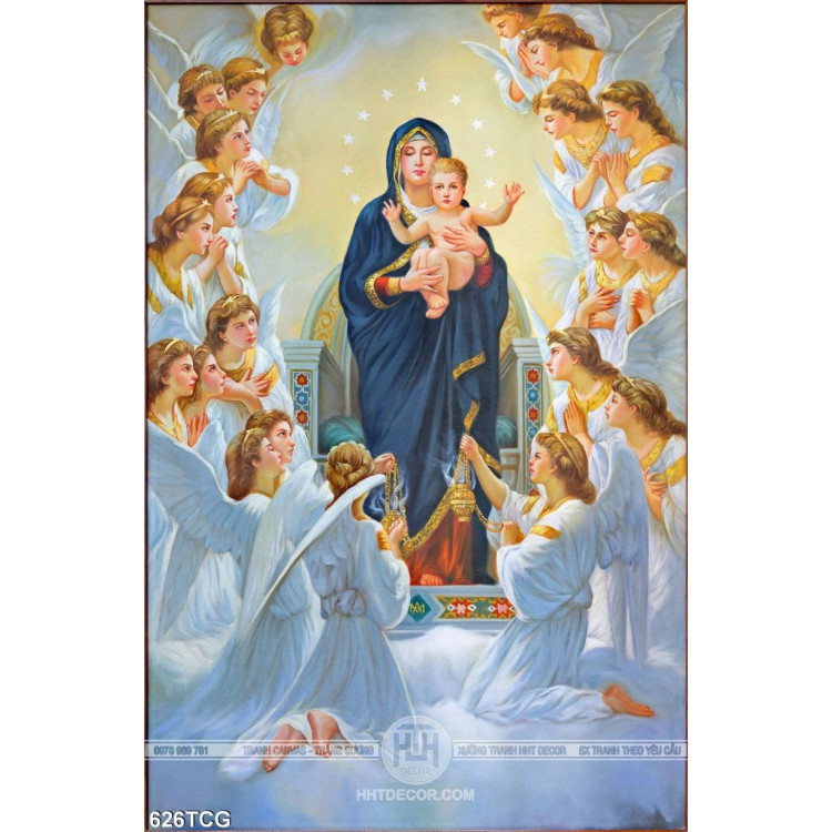 Tranh công giáo Mẹ Maria bế chúa hài nhi và các thiên thần