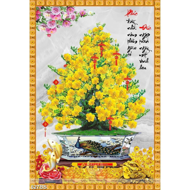 Tranh chậu bonsai dán tường hoa mai vàng bên tượng cóc