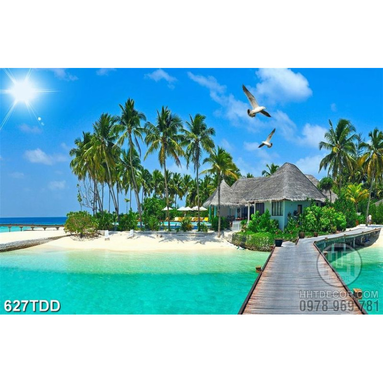 Tranh khu nghỉ dưỡng trên đảo dừa file gốc