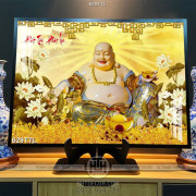 Tranh Phật Di Lặc hồ sen trắng giả ngọc in 3d