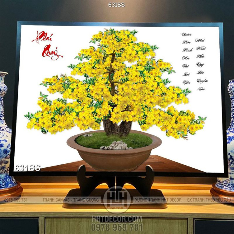 Tranh chậu bonsai in canvas cây mai vàng  bên chữ phú quý