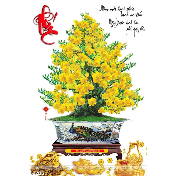 Tranh chậu bonsai cây mai vàng và tượng cóc vàng trang trí 