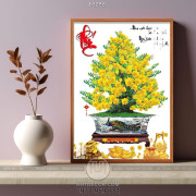 Tranh chậu bonsai cây mai vàng và tượng cóc vàng trang trí 