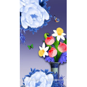 Tranh bình hoa in canvas những chú bướm xanh bên mẫu đơn