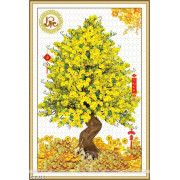 Tranh chậu bonsai cây mai vàng bên những thỏi vàng in 3d