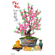 Tranh chậu bonsai treo tường cây hoa đào khoe sắc hồng