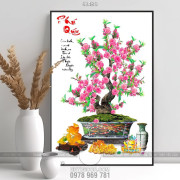 Tranh chậu bonsai treo tường cây hoa đào khoe sắc hồng