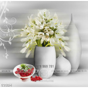 Tranh bình hoa sứ màu trắng mướt trong chiếc bình sứ decor 