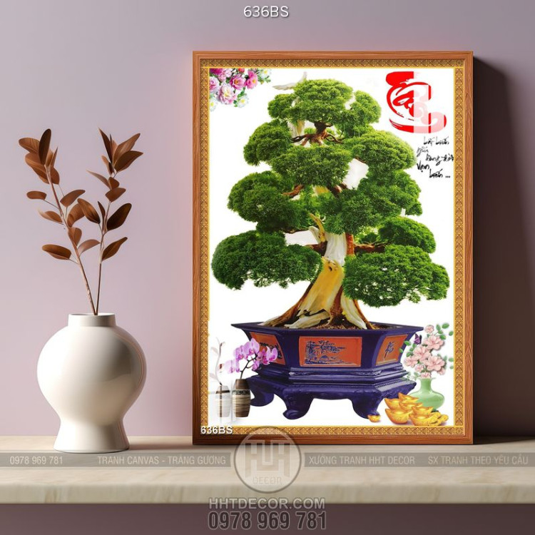 Tranh chậu bonsai cây tùng phong thủy bên bình hoa lan